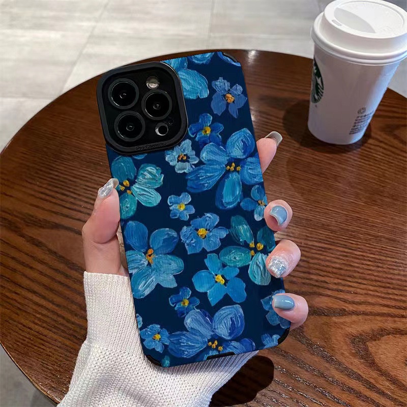 【Lamb Skin】Vertical Grain Soft Case for IPhone 6S 7 Plus 8 Plus X XS XR XS Max 11 13 12 14 PRO Max 14 Plus Fashion Blue camellia Flower Girl Women's