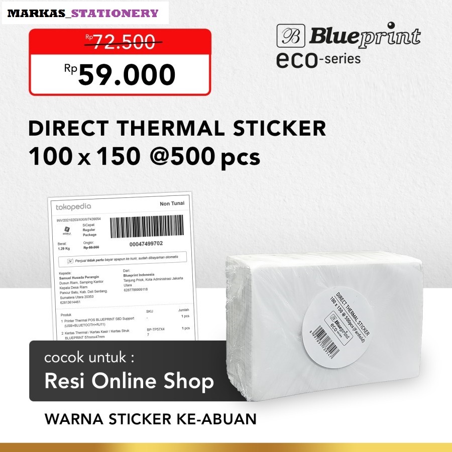 

Direct Thermal Sticker 100 x 150 , Label Resi BLUEPRINT ECO 100x150 mm - Isi 500