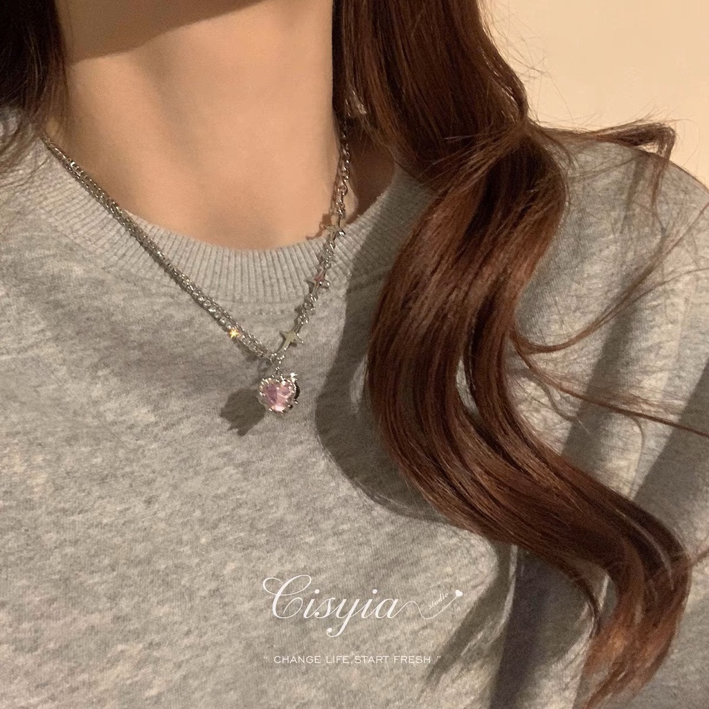YEEZII Sweet Pink Zircon Heart Pendant Necklace Kristal Perak Rantai Kalung Perhiasan Y2K Aksesoris