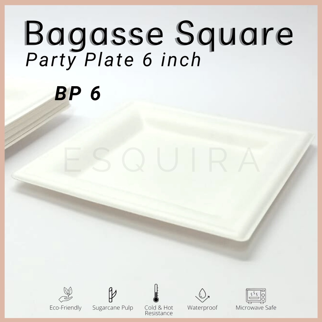 Bagasse Square Party Plate 6 inch / Sugarcane Plate 10 PCS / BP-6