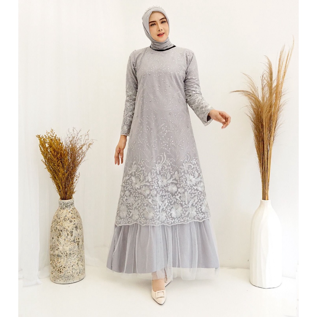 (Full Tile Brukat) Gamis Arini Full Tile Bordir Mutiara Glitter Brukat Tulle Brokat Maxi Dress Pesta