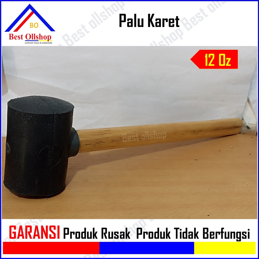 Palu Karet Godam Gagang Kayu 12 Oz / Palu Bodem Godam Keramik Karet Hitam Termurah