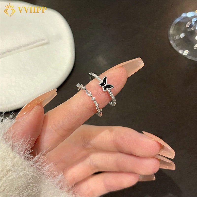 2pcs/set Cincin Kupu-Kupu Elegan Set Menjatuhkan Minyak Kristal Cincin Perak Untuk Aksesoris Perhiasan Wanita