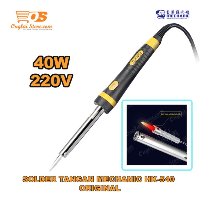 Solder Tangan Mechanic HK-540 40W, Suhu 200-450°C, Nichrome Heater, Berat 50g