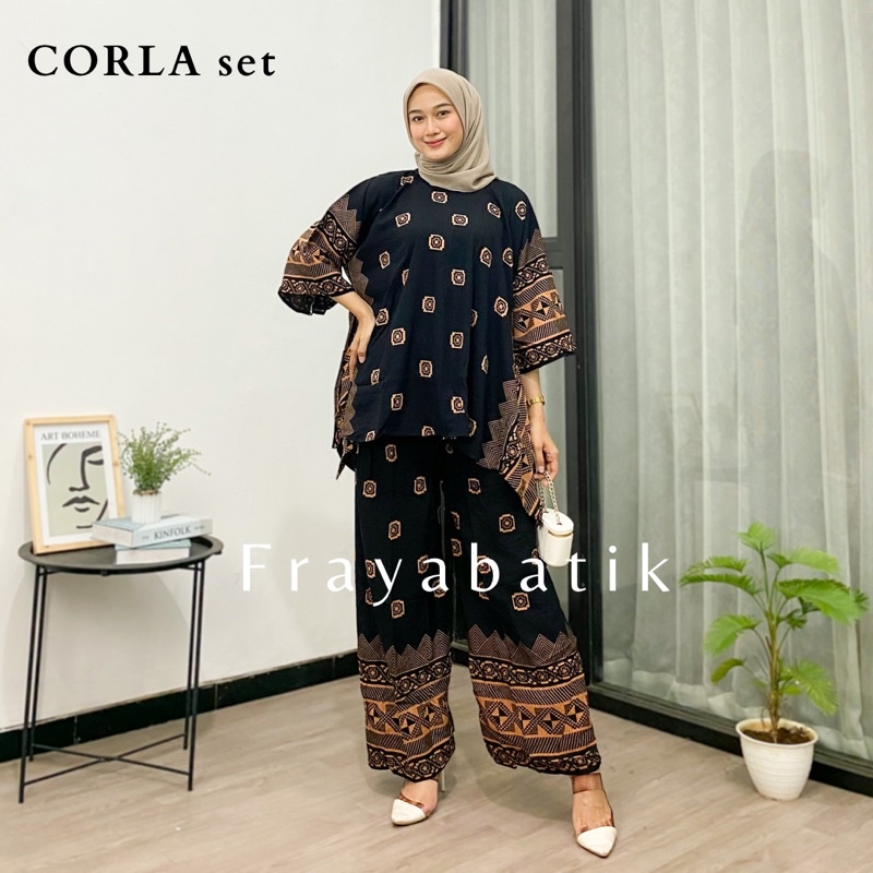 Frayabatik Setelan Jumbo Wanita Oneset Corla Rayon Premium Resleting Depan Motif Terbaru