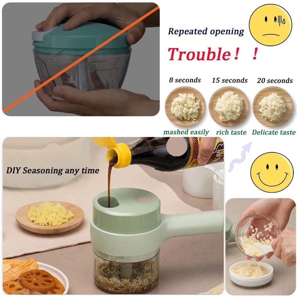 【COD】4 IN 1 Handheld Electric Cutter Durable Food Chooper Chili Vegetable Crusher Kitchen Tool USB Charging Ginger  Masher Machine