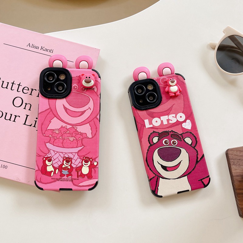 IPHONE Boneka 3D Motif Kuping Beruang Pink Rose Merah Kartun Manyo Soft Case HP iP Iphone7 8 14+Plus SE 2020 X XS XR 11 12 13 14 Pro Max Cewek Casing Apple