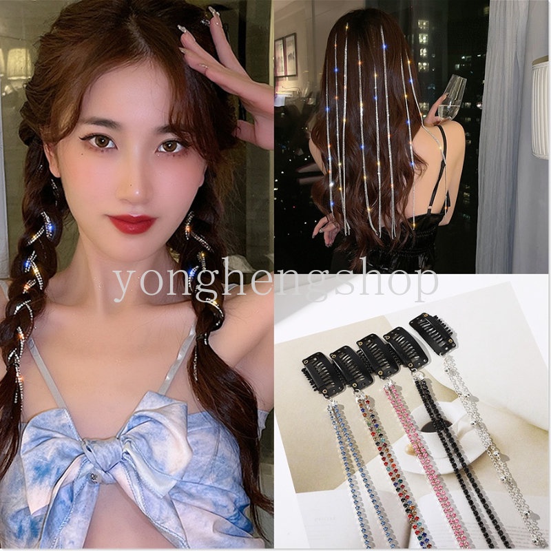 Fashion Berlian Mengkilap Rumbai Klip Rambut Kedip Rantai Jepit Rambut Dikepang Hiasan Kepala Kristal Ekstensi Rambut Glitter Helai Bersinar Wig Ponytail Chain Clip