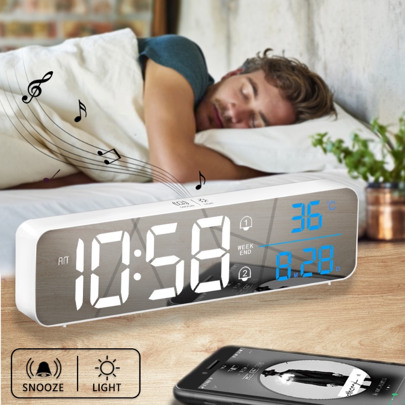 Untuk Rumah Ruang Tamu Kamar Tidur Kantor Hiasan Dinding LED Display Digital Jam Dengan Suhu Termometer Kalender LED Mirrored Clock Music Alarm Clock Fashion