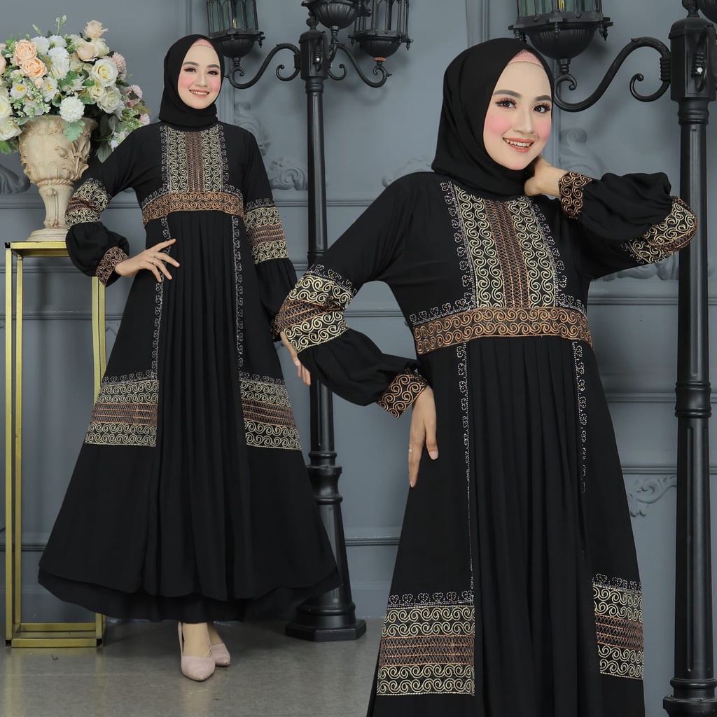Abaya Jersey Hitam Mix Babydoll bordir Mewah Terlaris / Dress Ceruty Bordir Swarosky Mewah elegan / 