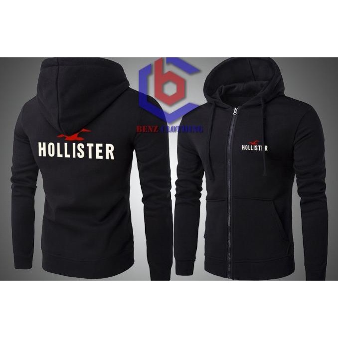 Jaket Hoodie Sweater Hollister Outerwear Pria Wanita Zipper Resleting Depan Polos Sablon Polyflek Ko