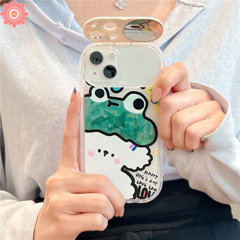 IPHONE Kreatif Flip Make Up Cermin Graffiti Case Kompatibel Untuk Iphone11 12 13 14 Pro MAX 7Plus 8Plus XR 14 Plus X XS MAX SE 2020 Lucu Kartun Hewan Kodok Anjing Kelinci Soft Case