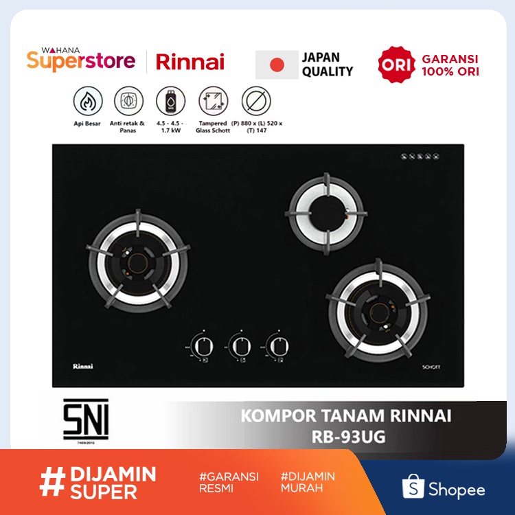 Rinnai Kompor Tanam Tempered Glass Schott 3 Tungku - RB-93UG
