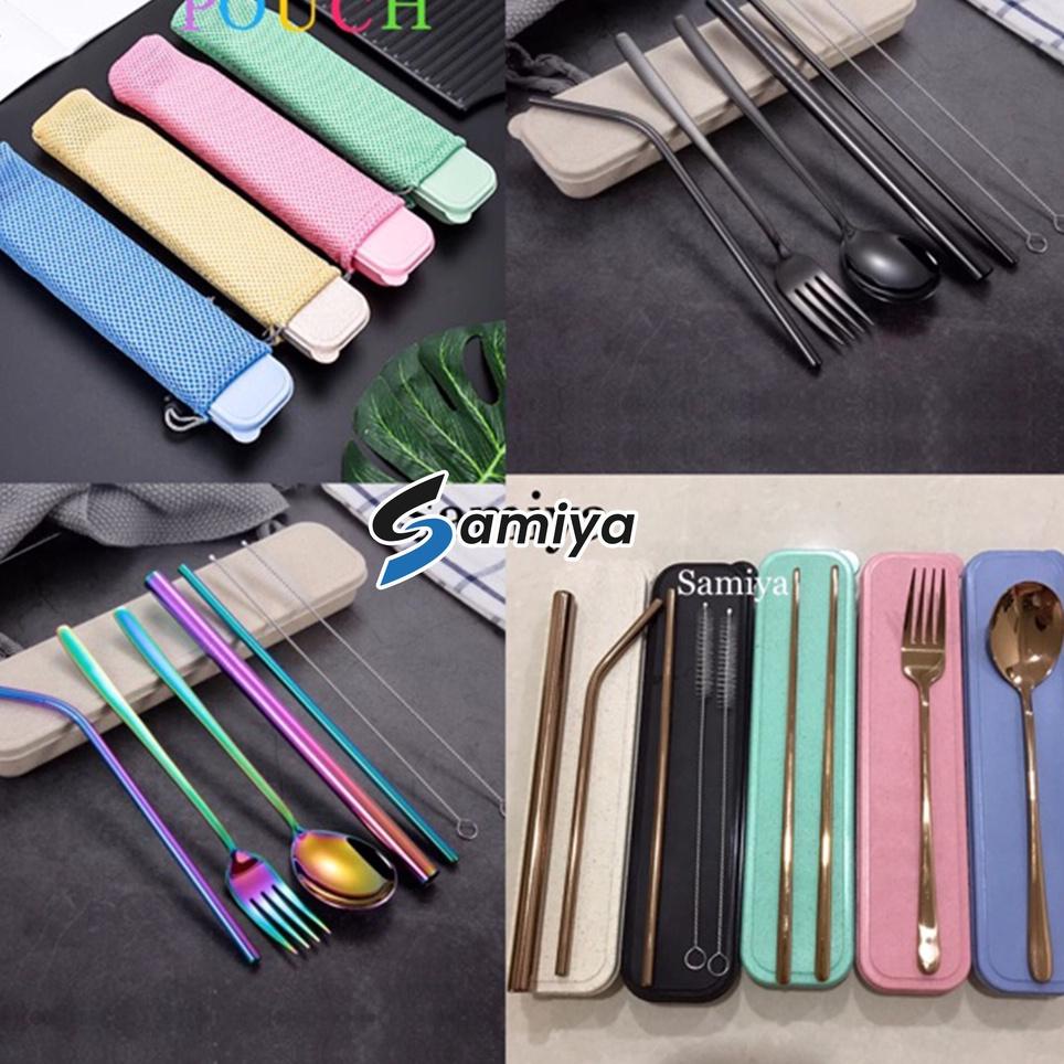 

♜ Paket lengkap sedotan stainless sendok garpu korea set / cutlery set / souvenir set / paket hampers ➫