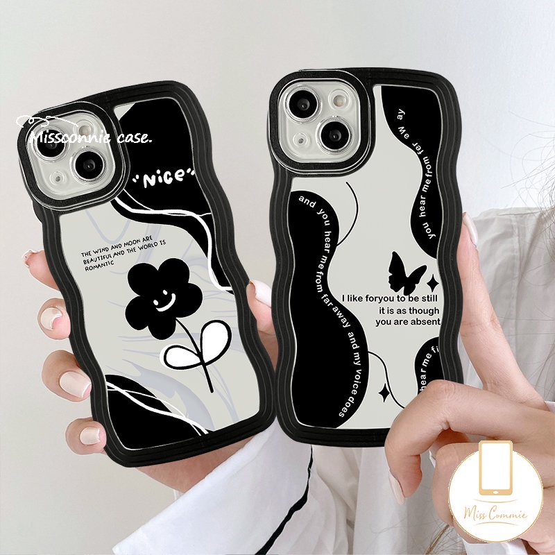 Casing OPPO A17 A15 A78 A16 A55 A54 A96 A95 A5 A9 A16s A74 A52 A5s A7 A12 A57 A77 A17K A3s A77s A76 A1k A53 A16K Reno 8T 8Z 7 8 7Z 6hitam Retro Bunga Kupu Tepi Bergelombang Sarung