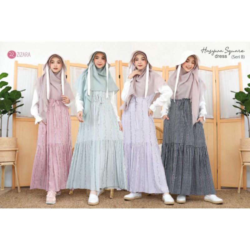 Hasywa Square Dress Seri B by Zizara Gamis Motif Kotak Gamis Katun Rayon Polos Kombinasi Kotak Gamis