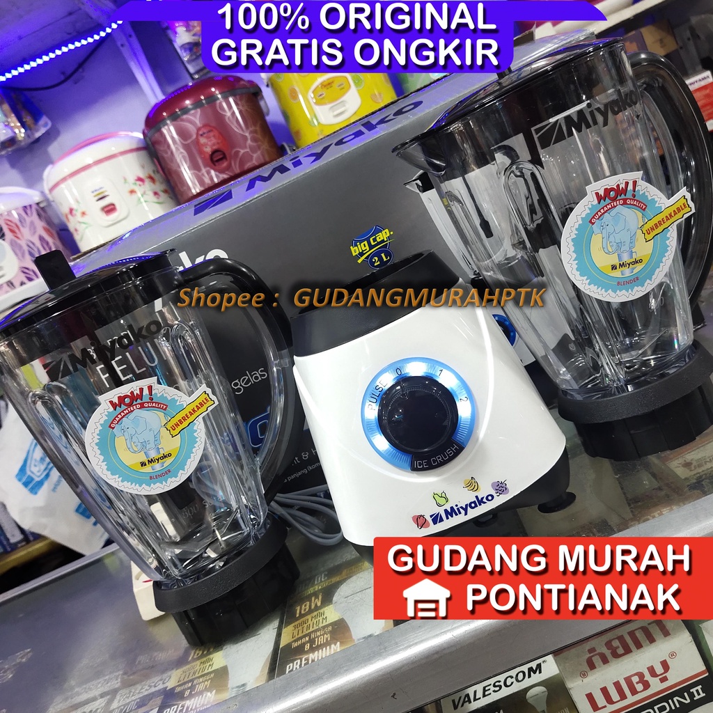 Blender Miyako 2 TABUNG JUMBO ANTI PECAH 1.5 liter BL-52 PI Pelumat dengan 2 Gelas Container bahan plastik 1,5 L Penghancur Es Batu