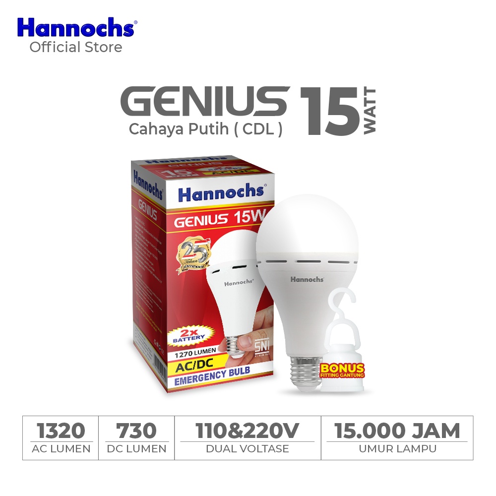 Hannochs Genius Bohlam Lampu LED Emergency 6-8-10-12-15 Watt Cool Daylight Putih BONUS Fitting Gantung