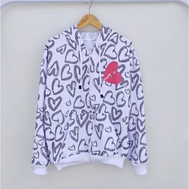 Jacket Zipper Hoodie Oversize Broken Sweet Love Jaket Full Print Wanita dan Pria Model Baru