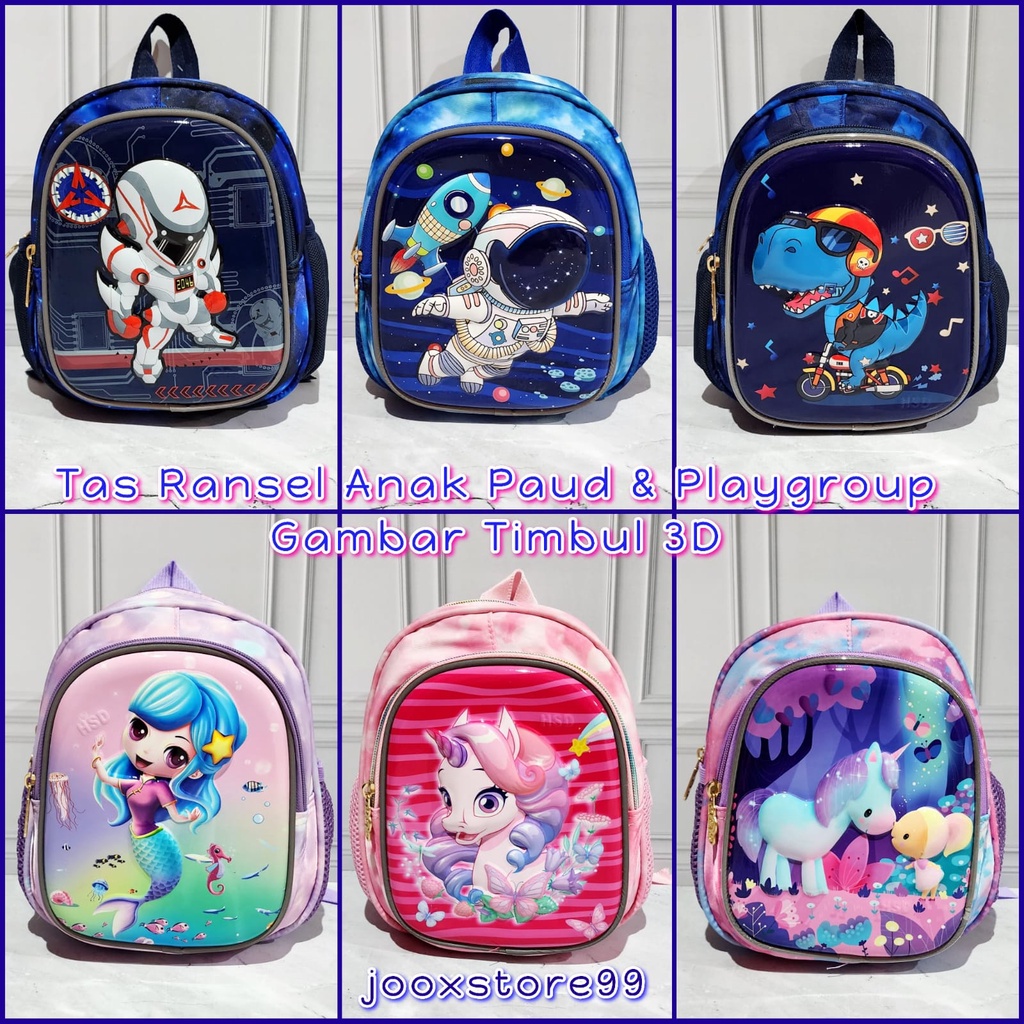 Tas Sekolah Ransel Anak Playgroup Paud Motif Timbul 3D Gambar Mermaid Tas Gendong Anak Perempuan dan Laki - Laki Import Backpack Anak Cewe dan Cowo