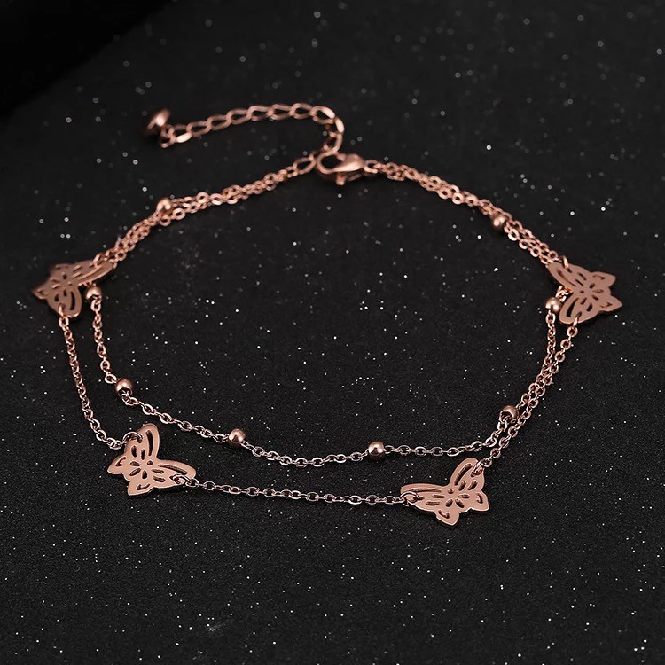 Gelang Kaki Bahan Stainless Steel Lapis Ganda Aksen Kupu-Kupu Warna-Warni Untuk Wanita Butterfly