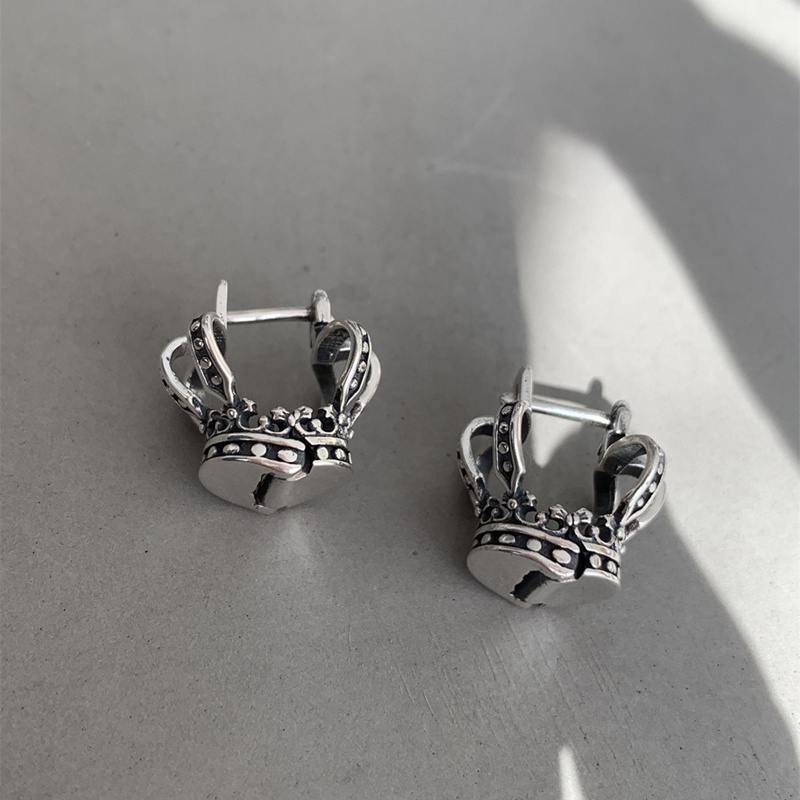 Vintage925 Sterling Silver Salib Berongga Mahkota Hoop Stud Earrings Gesper Untuk Wanita Lucu Perhiasan Halus