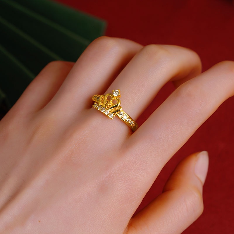 Goldkingdom Fashion Perhiasan 24 K Bangkok Aksesoris Ready Stock Ginkgo Daun Indah Cincin Mahkota Micro Berlian-Ukir Hadiah Untuk Wanita