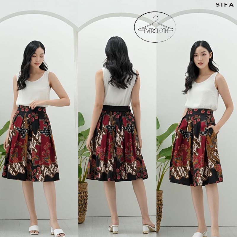 Evercloth Sifa Skirt Batik Wanita Selutut Bawahan Batik Perempuan Rok