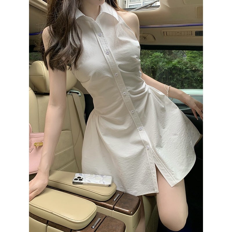 Red Keinginan murni angin rok pendek perempuan hot gadis menggantung gaun leher strapless kemeja rok musim panas pinggang kecil polo kerah rok