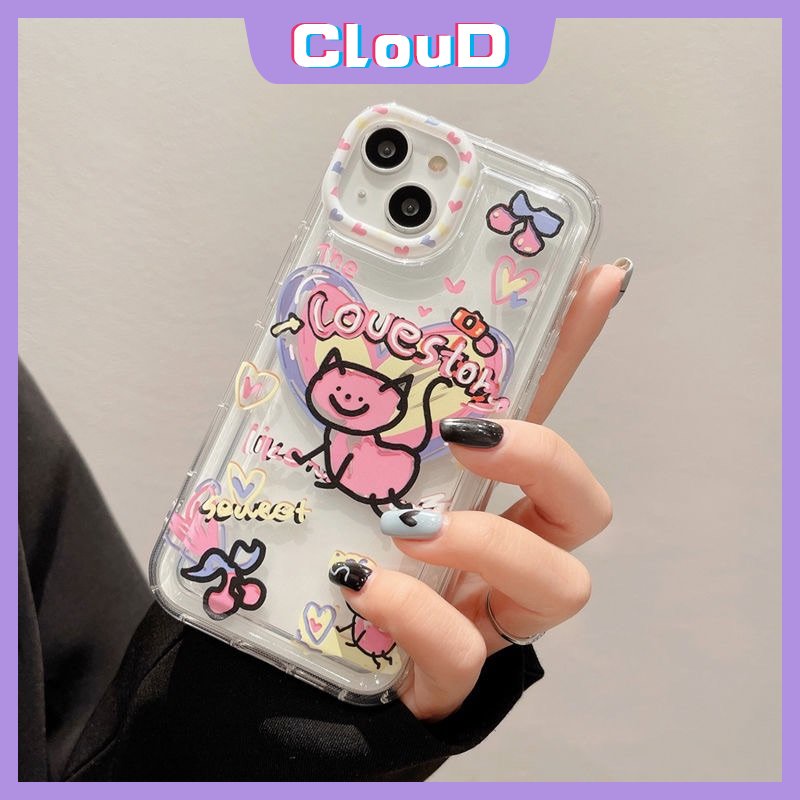 IPHONE Lucu Kartun Cinta Hati Kucing Ponsel Jernih Case Kompatibel Untuk Iphone11 13 12 14 Pro Max7 8 6s 6 Plus XR X XS Max SE 2020 Lembut Silicon TPU Airbag Shockproof Ins Graffiti Cover