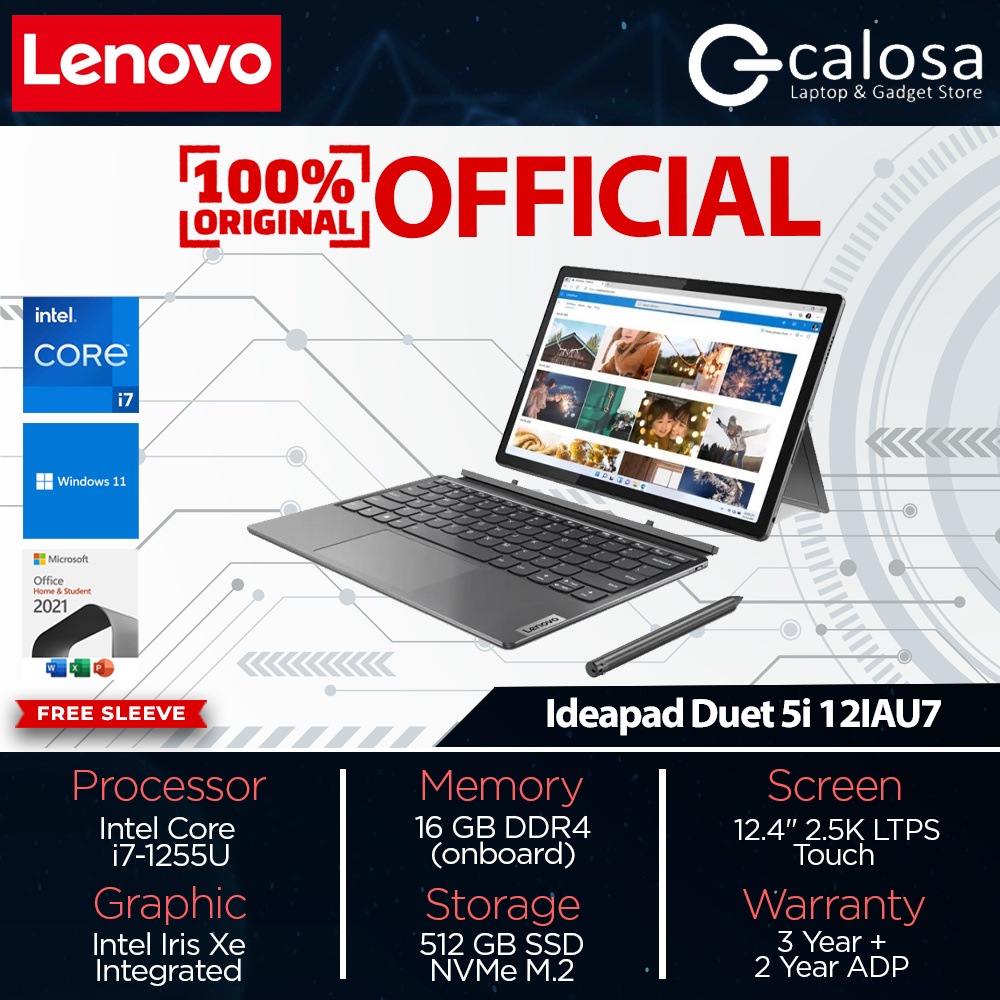 Laptop Lenovo IdeaPad Duet 5i 12IAU7 INTEL CORE i7-1255U MEMORY RAM 16GB SSD 512GB 12.4 INC WINDOWS 11 HOME MICROSOFT OFFICE HOME STUDENT 2021 GARANSI RESMI
