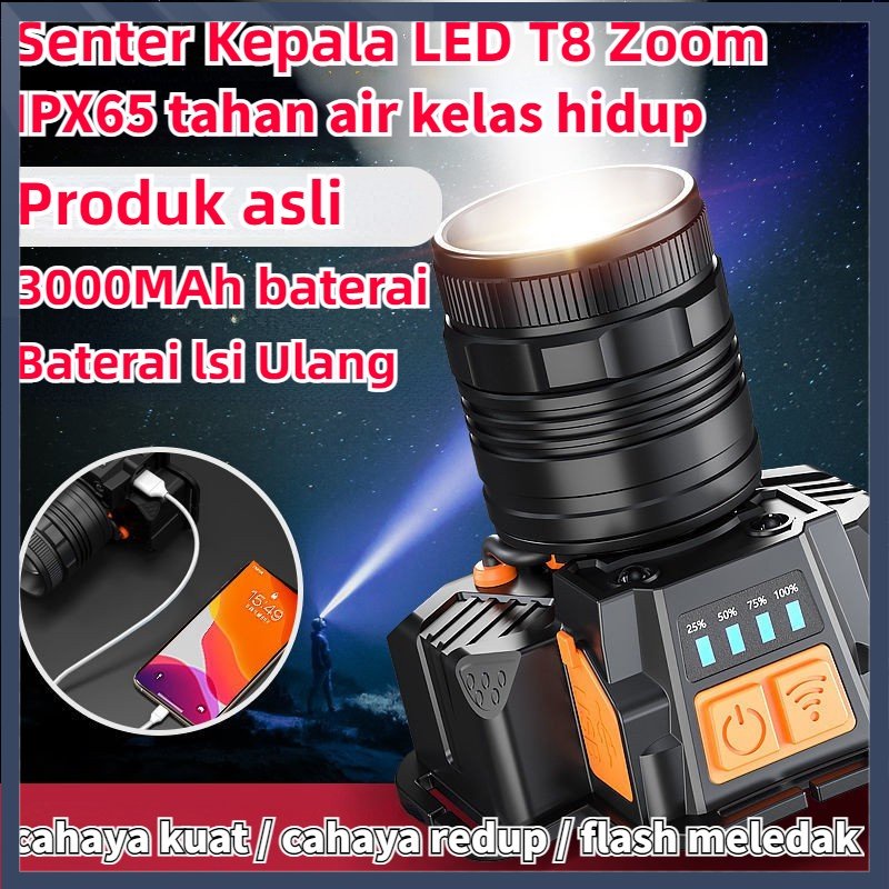 Lampu Senter Kepala LED Rechargeable Headlamp Super Terang Air Bisa Di Cas Head lamp Cas Ulang Senter Kepala Berburu Mancing Camping Cahaya Terang Jarak 3 Mode