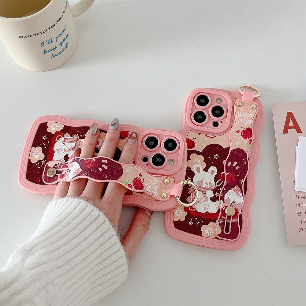 IPHONE Casing Ponsel Desain Bentuk Gelombang Kelinci Cherry Pink Kompatibel Dengan Iphone12 13 14 11 Pro Max X Xs Max Xr Qwsdx