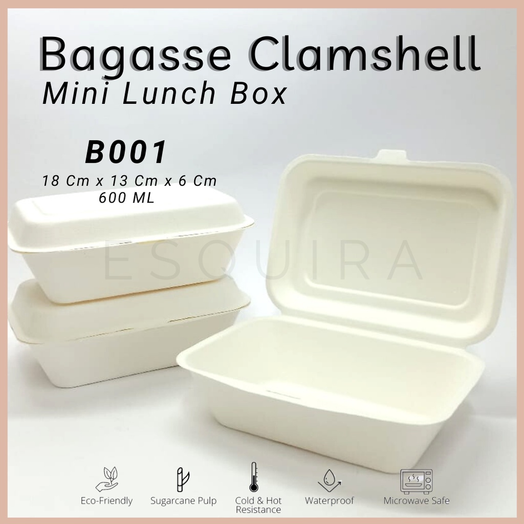 Bagasse Clamshell  / Mini Lunch Box /  Packaging makanan Serat Tebu 600 ml / 10 Pcs / B001