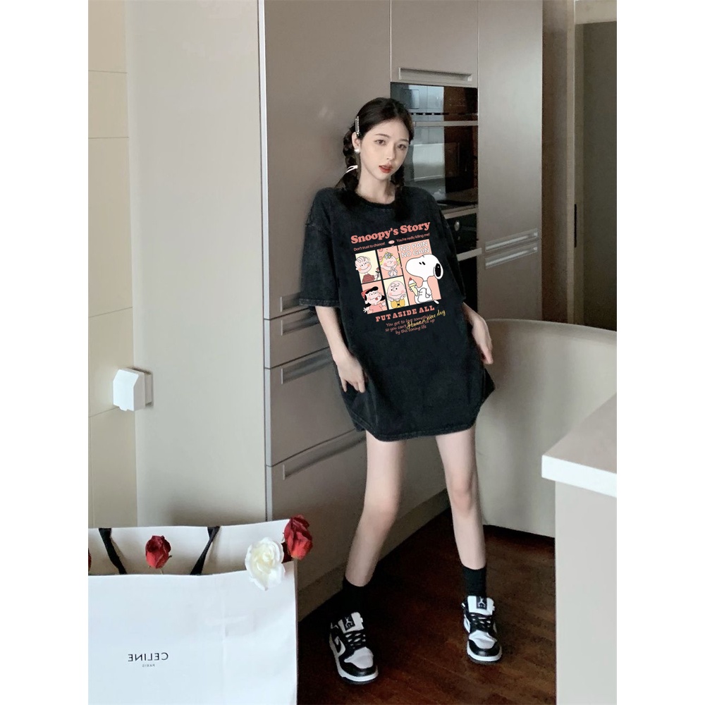 XiaoZhaiNv Korean Style Snoopy Graphic Pattern Washed Printing Kaos Wanita