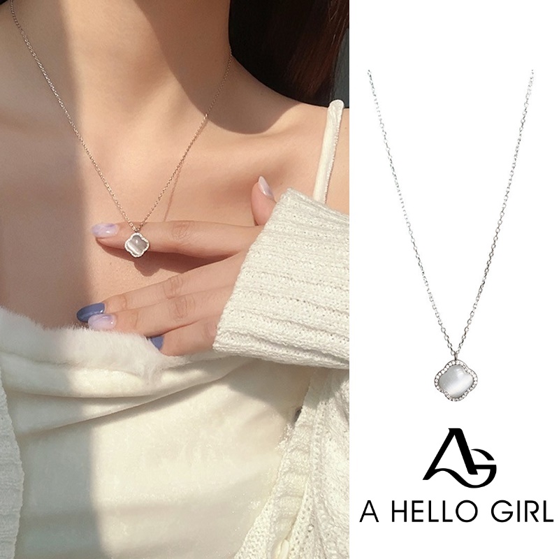 Kalung Liontin Daun Clover Opal Zircon Gaya Korea Untuk Wanita