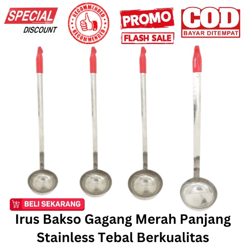 [BISA COD] PROMO Irus Bakso Gagang Merah Panjang Anti Panas Stainless Tebal Berkualitas Centong Panjang Centong Kuah Centong Bakso Centong Sendok Kuah Sendok Sup Centong Baso Sodet Sutil Ladle Murah