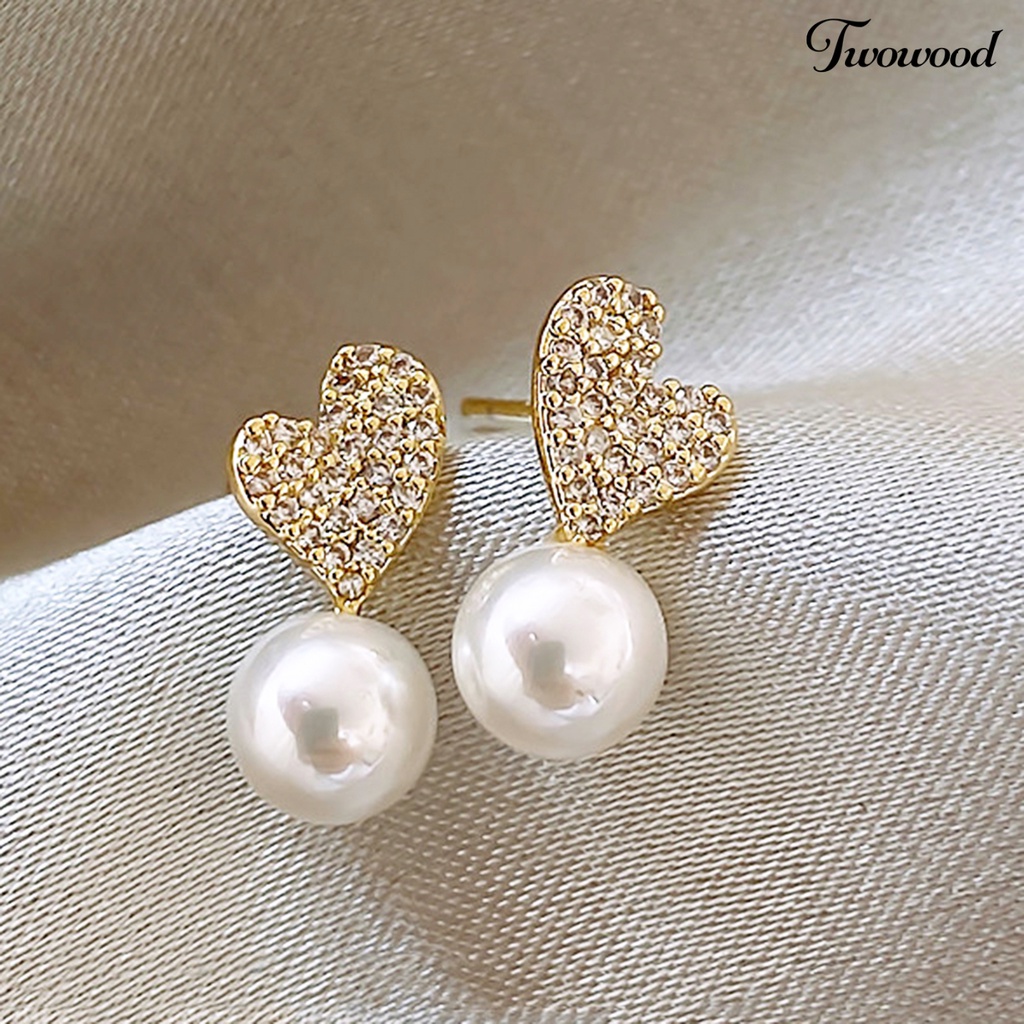 Twowood 1pasang Ear Studs Dainty Elegan Gaya Perancis Temperamen Retro Hadiah Mini High Gloss Mutiara Imitasi Cinta Hati Wanita Anting Perhiasan Aksesoris