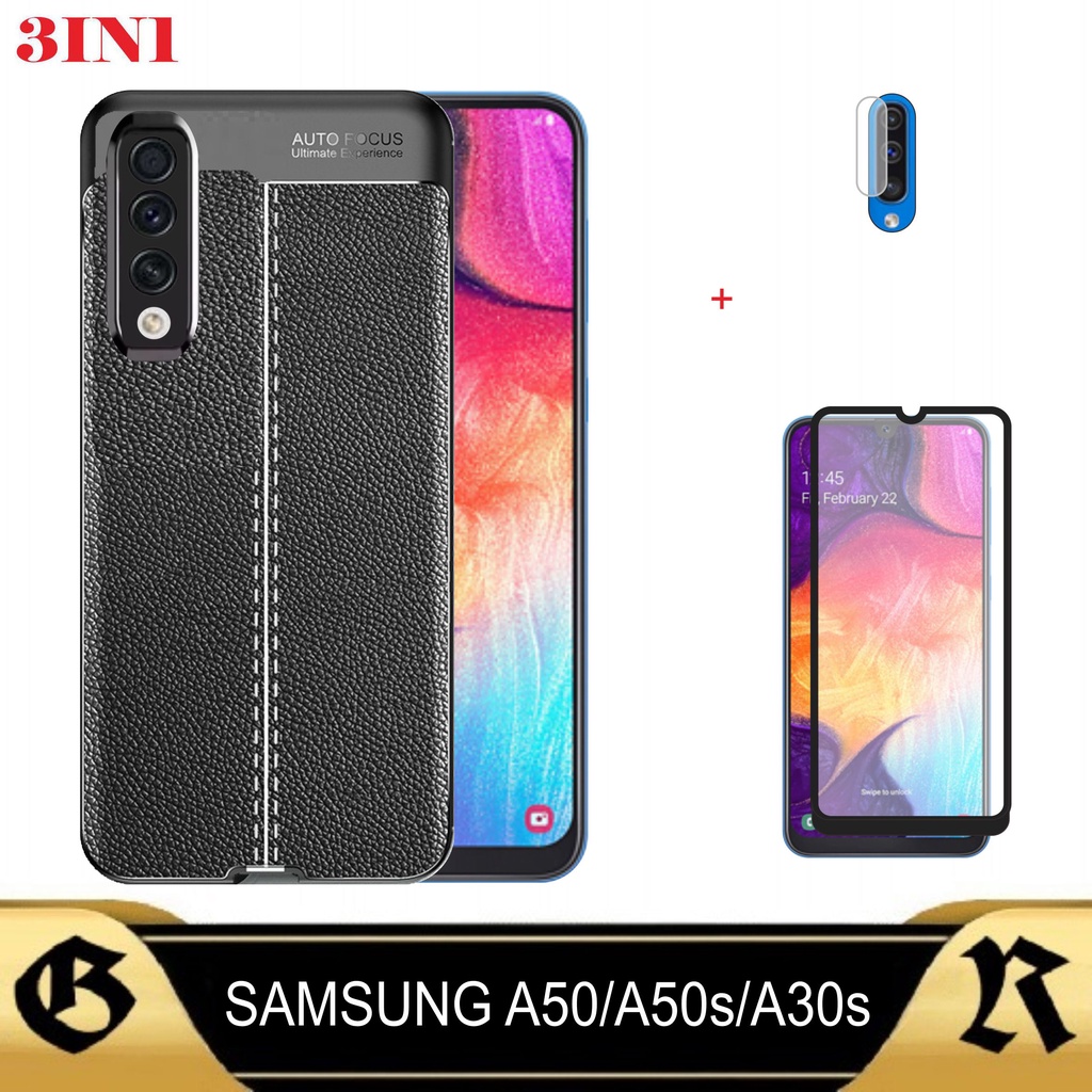 Promo Paket 3in1 Softcase Auto Focus Leather Samsung A50 A50s A30s 2019 Casing Silikon Hp Bonus Tempered Glass Layar Dan Camera