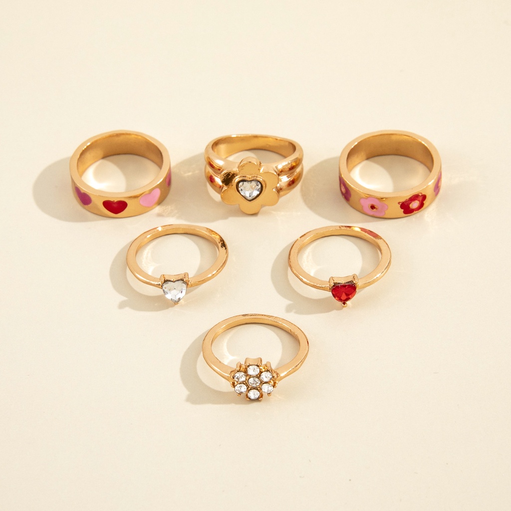 Kepribadian Fashion Warna Tetesan Minyak Warna Cinta Bunga Air Berlian Cincin Bersama Cincin Wanita 6-piece Set 6-piece Set Ring