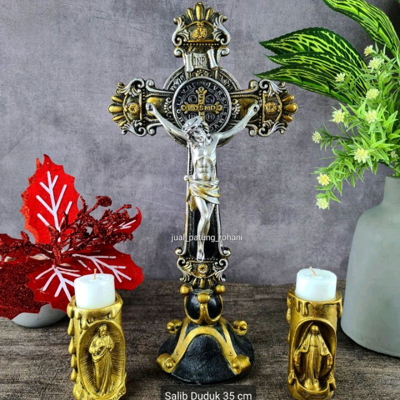 Set Salib Duduk Benediktus Bunga 35cm + Lilin Doa terlaris