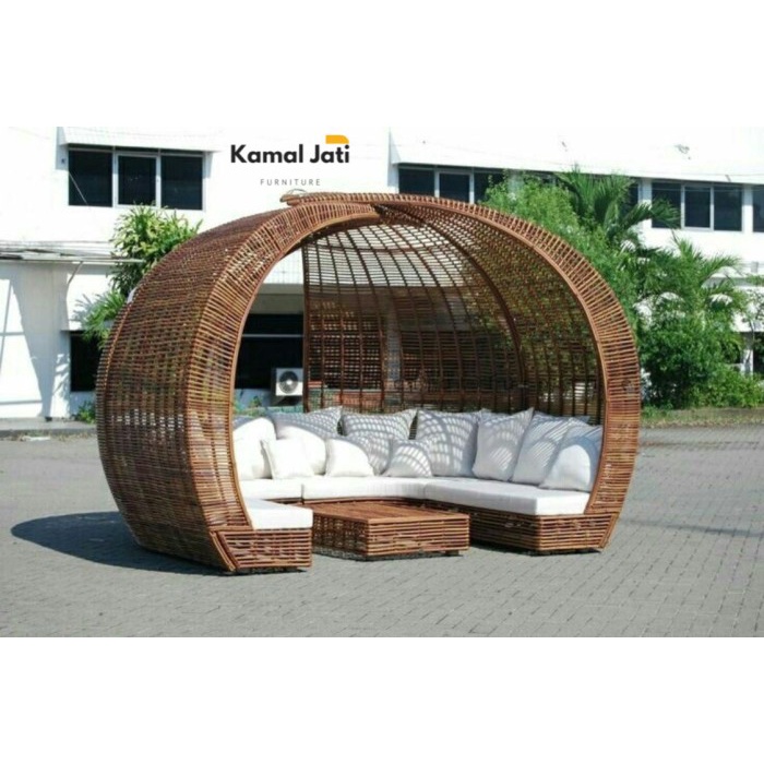 Daybed gazebo rotan sintetis outdoor, daybed kolam renang