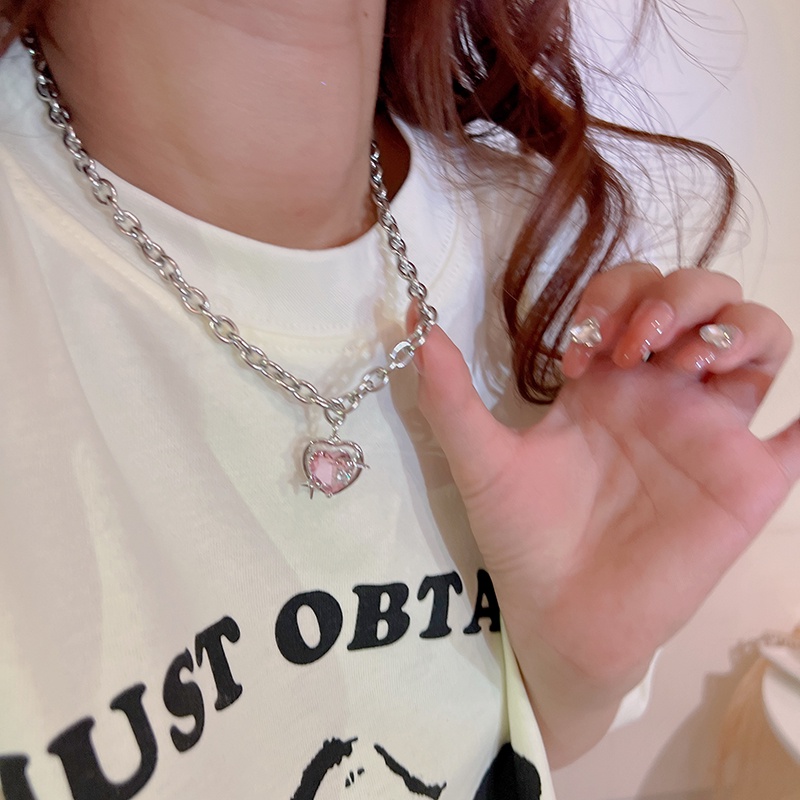 Fashion Hati Liontin Kalung Merah Muda Kristal Gadis Manis Keren Klavikula Rantai Moonstone Kalung Aesthetic Y2K Aksesoris Perhiasan