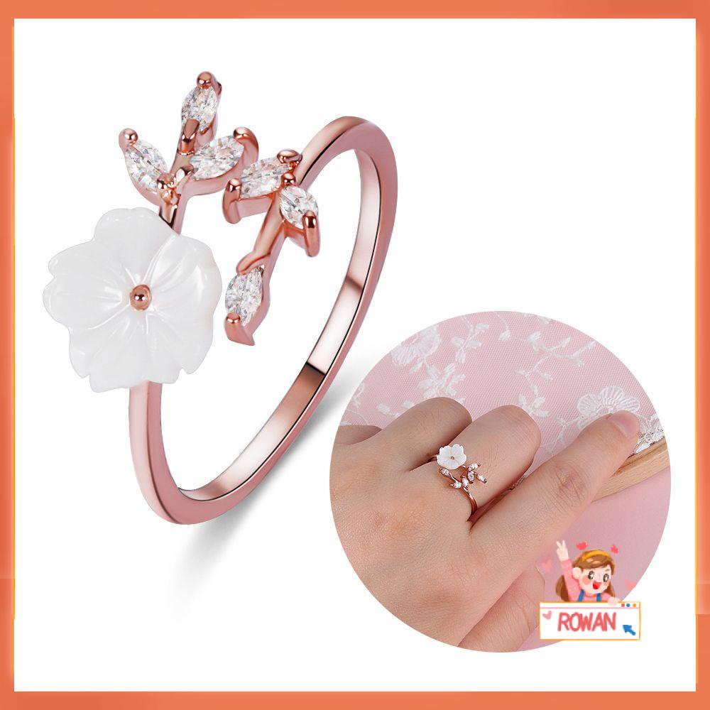 R-FLOWER Opening Ring Elegant Women Girls Adjustable Size Zircon Crystal Leaf