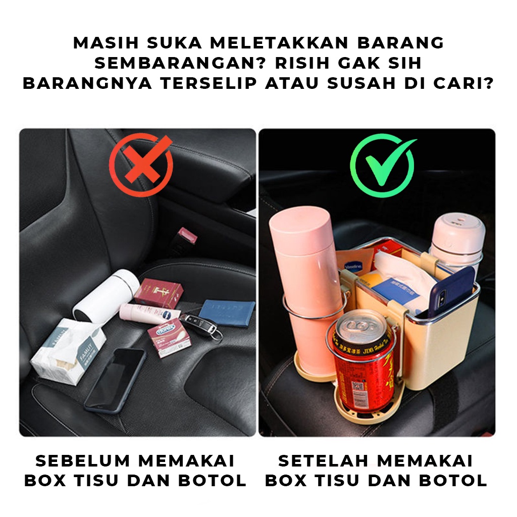 Tempat Tisu Mobil Kotak Tissue Serbaguna Storage Box Multifungsi Car Cup Holder Wadah Penyimpanan Handphone Gelas Botol Air Minum Rapi Anti Slip | GROSIRXPRESS