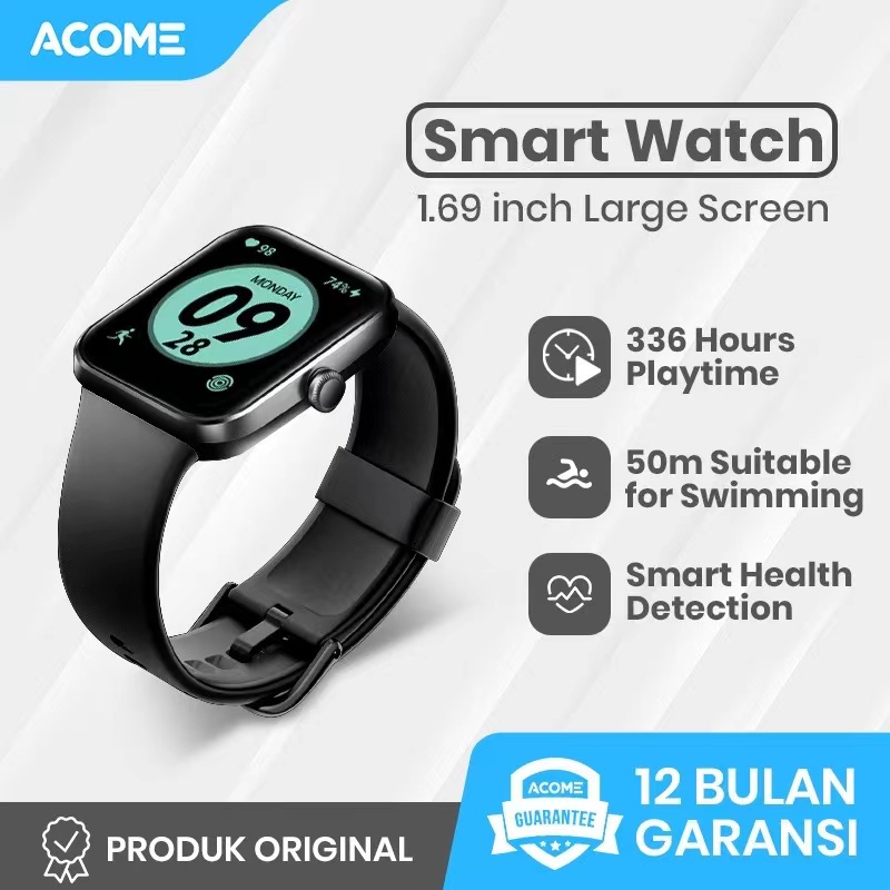 ACOME Sport Smart Watch Tahan Air Bluetooth 1.69 inch Large Screen Monitor Kesehatan Garansi Resmi 1 thn Watch S1 Plus