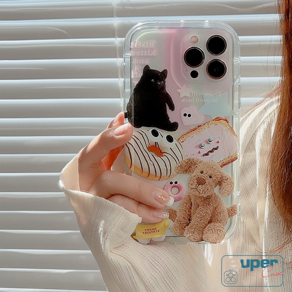 IPHONE Casing Ponsel Beruang Anjing Kucing Kartun Transparan Kompatibel Untuk Iphone11 13 14 12 Pro MAX 6 6S 7 8 Plus XR X XS MAX Ins Hewan Lucu Stiker Shockproof Airbag Lembut TPU Penutup Belakang