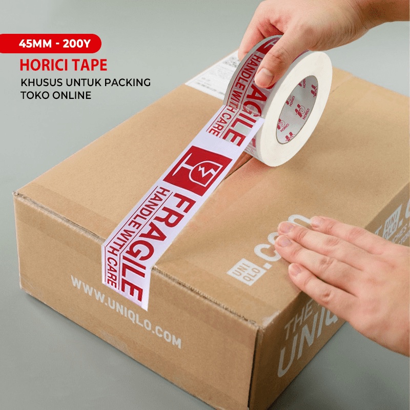 HORICI TAPE 45MMx200Y lakban Fragile Jangan di banting Isolasi Mudah Pecah Belah Aneka varian termurah satuan