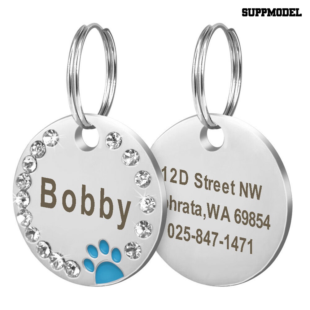 [SM] 25mm Metal Blank Dog Tag Paw Berlian Imitasi Kucing Peliharaan ID Nama Grafir Gantungan Kunci Rantai