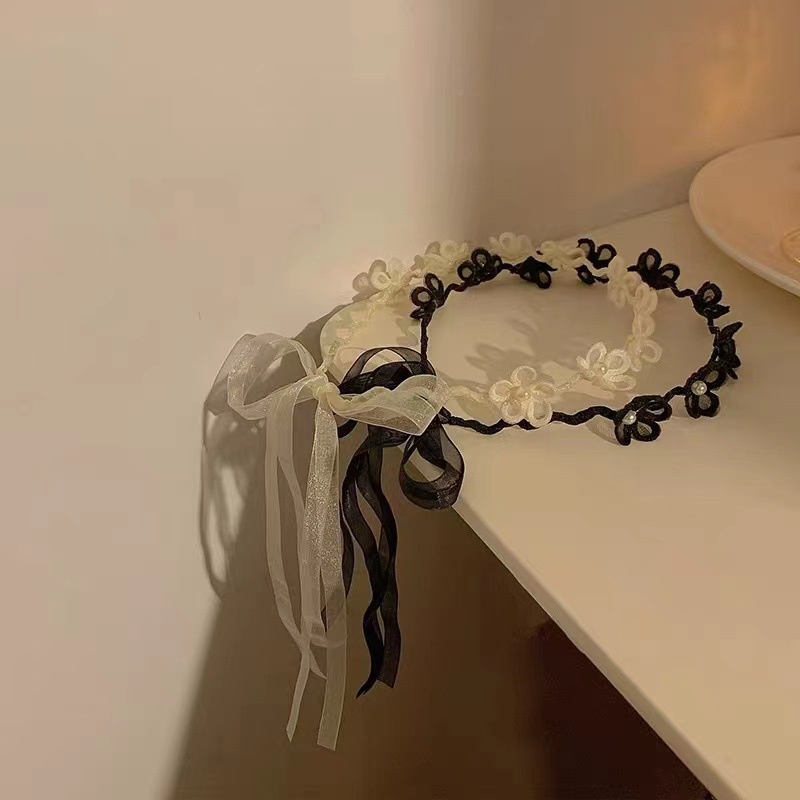 Caliloops Bando Bunga Tali Polos Hitam Putih Korea Wanita Dewasa Elis